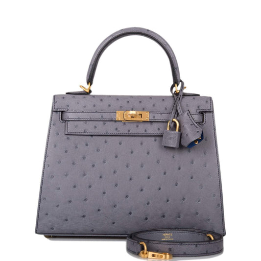 Hermes Horseshoe Stamp (HSS) Bi-Color Gris Agate and Bleu Electric Ostrich Sellier Kelly 25cm Brushed Gold Hardware